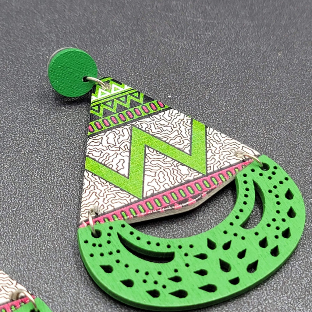 Pierced Earrings Green Multicolor Wood Statement Dangle Large 3"