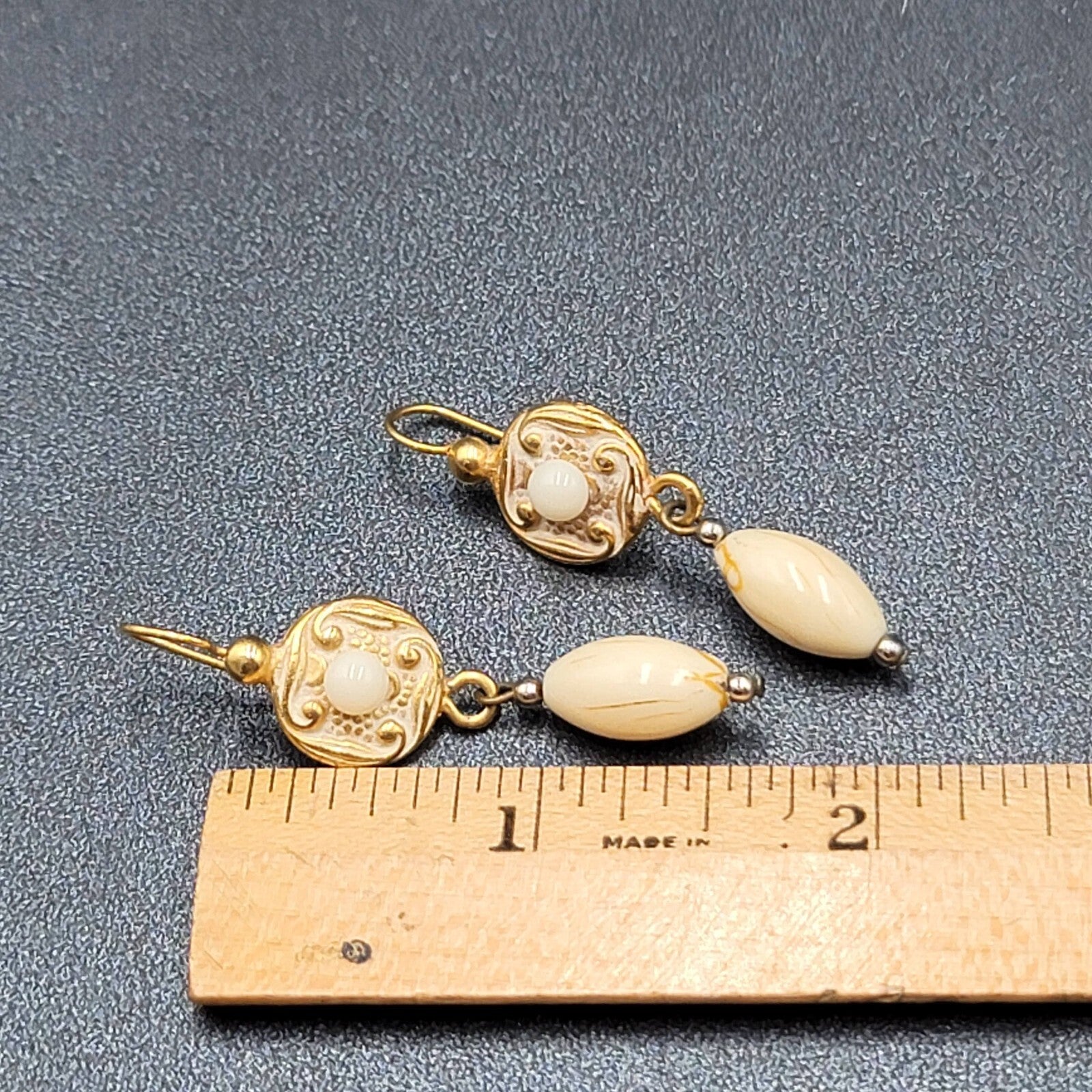 Pierced Earrings Brushed Gold Plated White Bead Dangle 1.5"