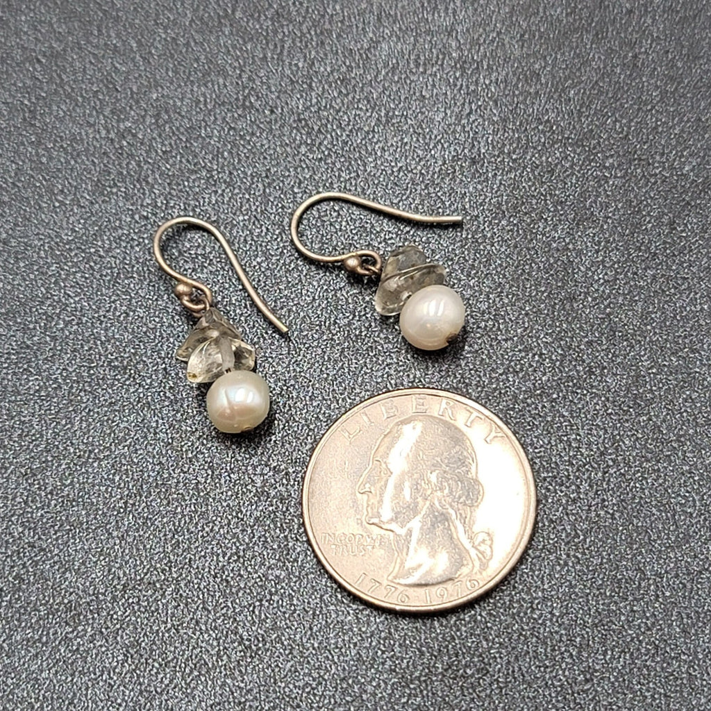 Sterling Silver Pierced Earrings Freshwater Pearl Quartz Bead Dangle 5/8"