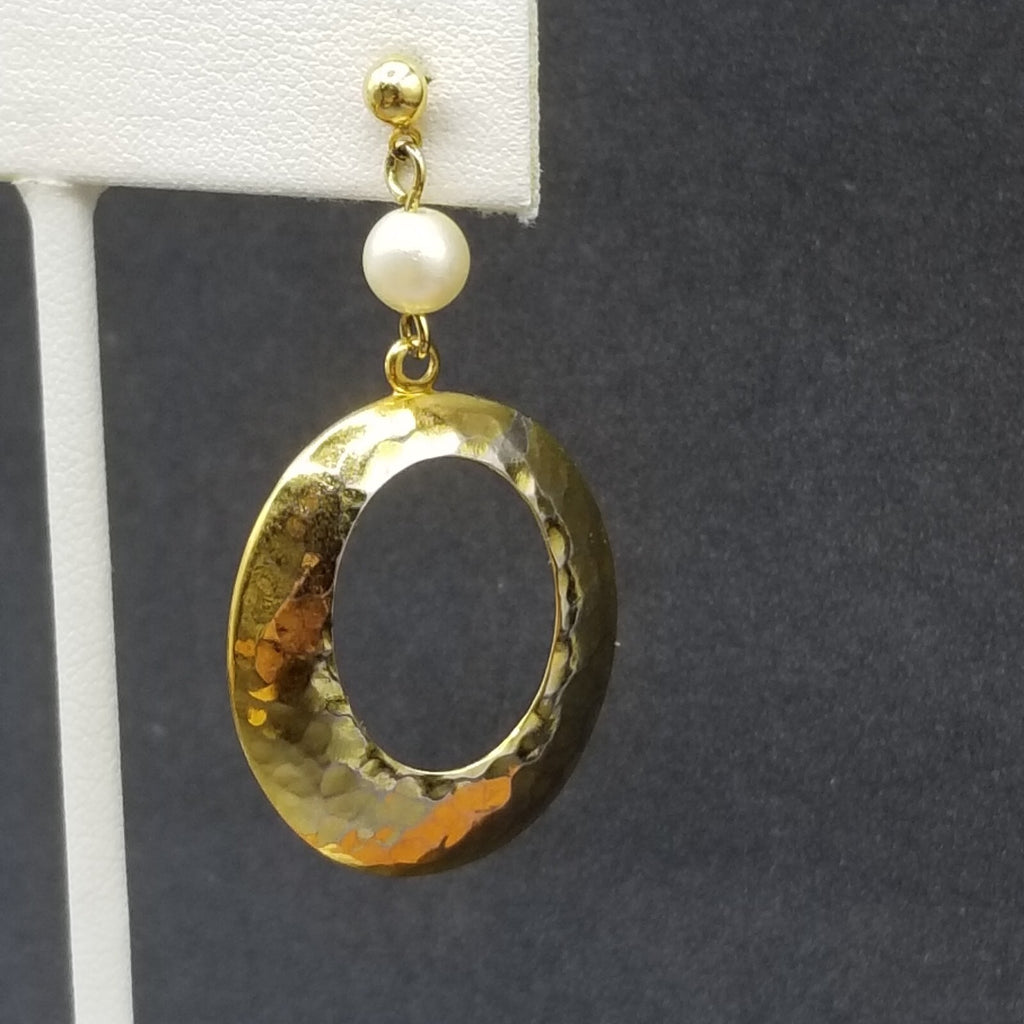 Pierced Earrings Gold tone Faux Pearl Hammered Oval Dangle 1 7/8"