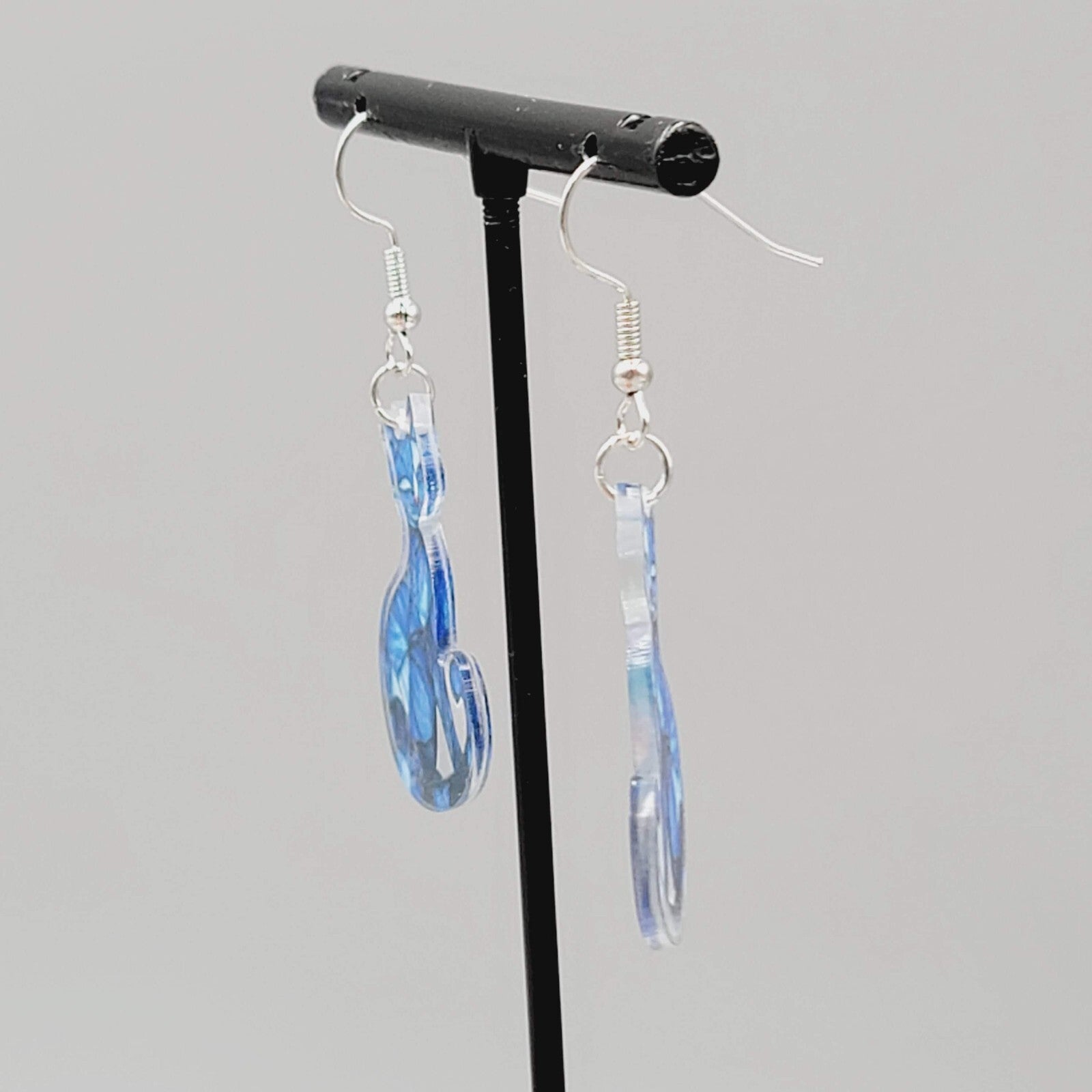 Blue Kitty Cat Pierced Earrings Mosaic Acrylic Dangle 1 3/8"