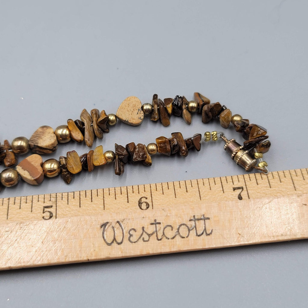 Agate Stone Heart Bead Necklace Gold tone Tigers Eye 18"