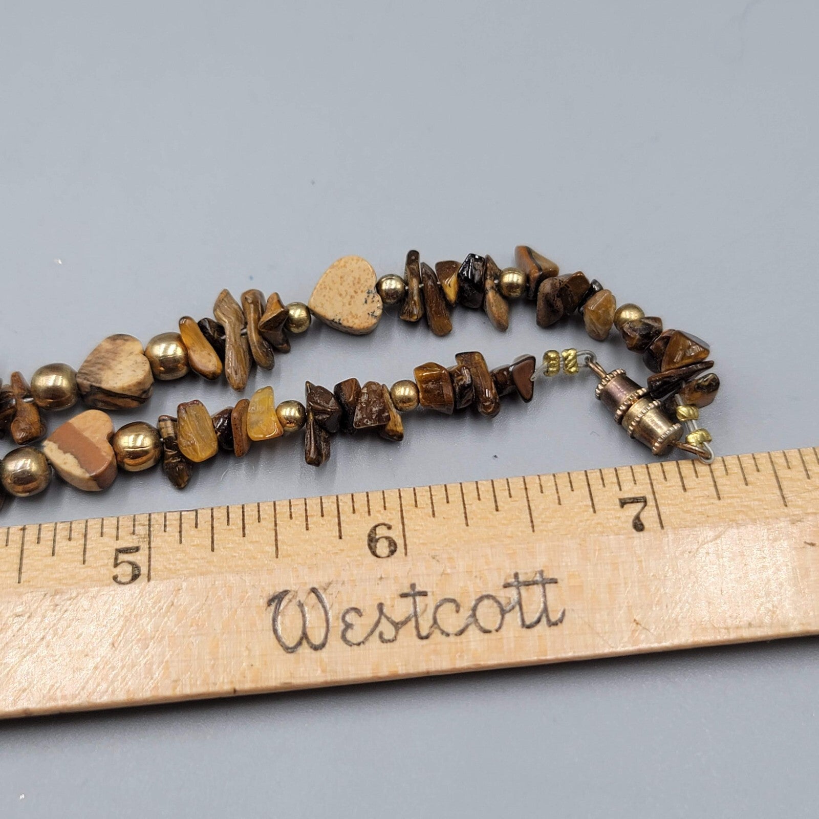 Agate Stone Heart Bead Necklace Gold tone Tigers Eye 18"
