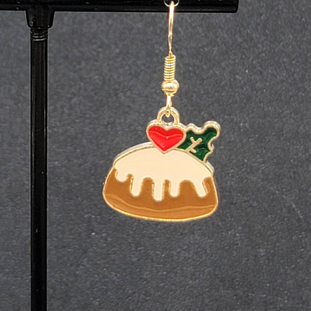 Bundt Cake Pierced Earrings Gold tone Dangle Enamel Sweet Treat 3/4"
