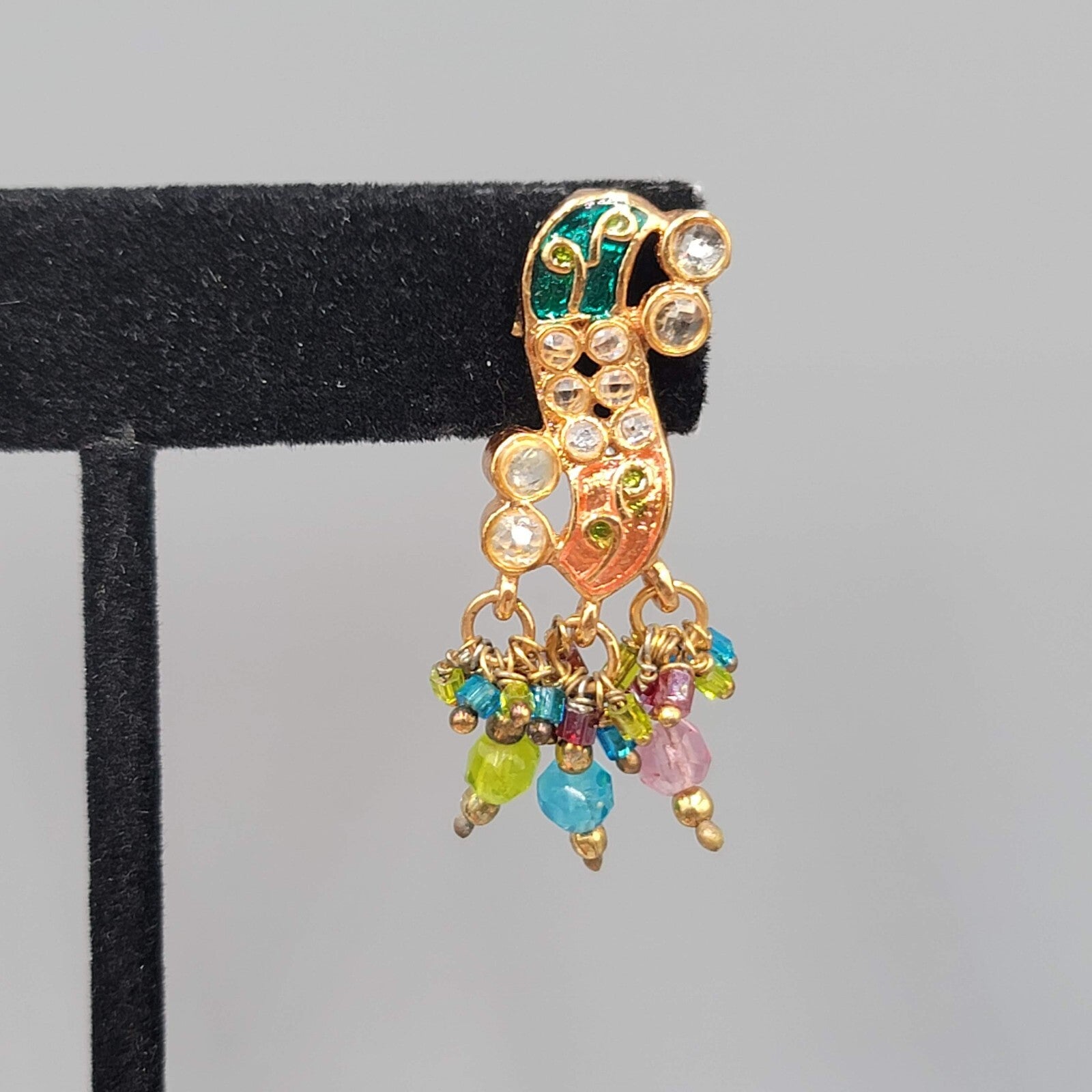 Vintage Bollywood Pierced Earrings Goldtone Intricate Multicolor Rhinestone 1.5"