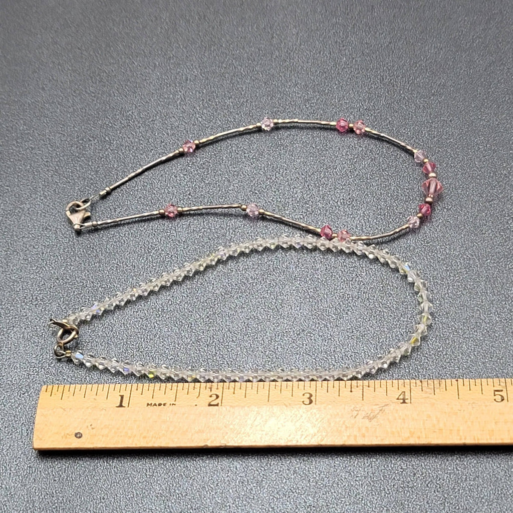 Sterling Silver Anklets Lot of 2 Pink Cleat Bi-cone Crystal Beads 9.75"