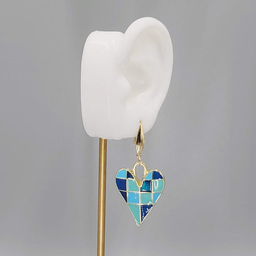 Blue Enamel Checkered Heart Pierced Earrings Gold tone Dangle Large 1.5"