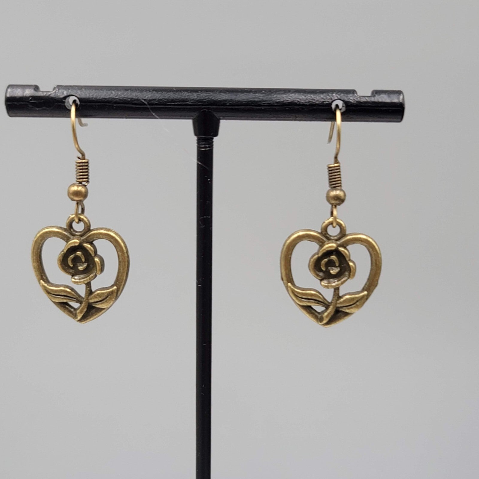 Rose Flower Heart Pierced Earrings Bronze tone Dangle NEW 5/8"