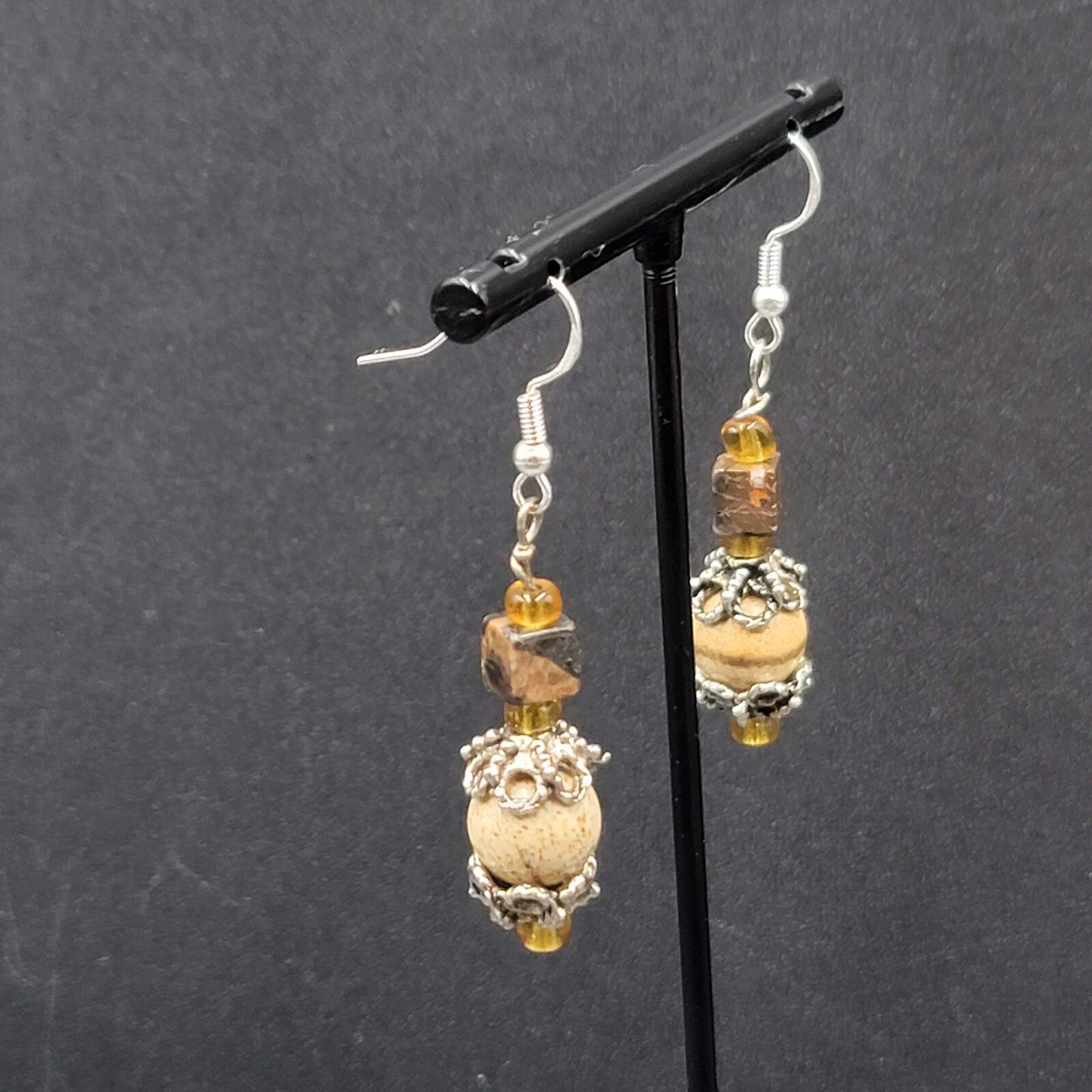 Pierced Earrings Agate Stone Beads Sterling Silver Hooks 1.25"