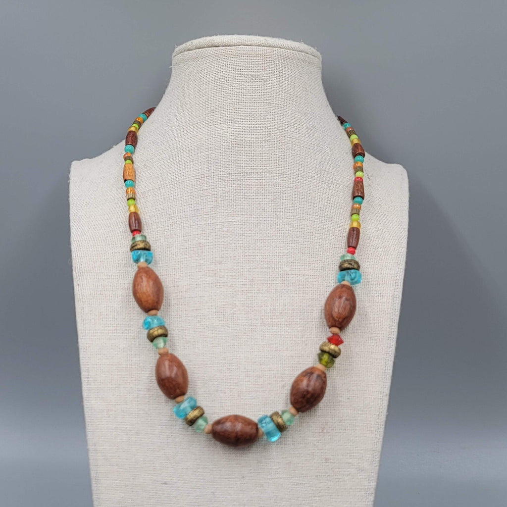 Wood Bead Artisan Necklace Multicolor Glass Spacers 18" Adj