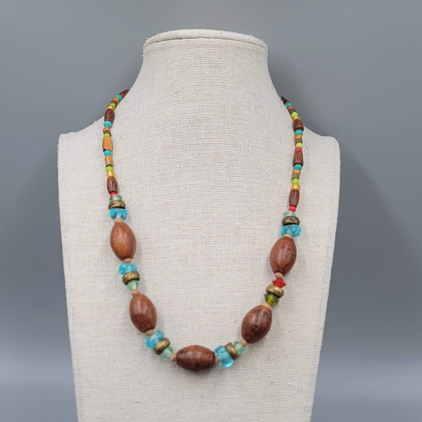 Wood Bead Artisan Necklace Multicolor Glass Spacers 18" Adj