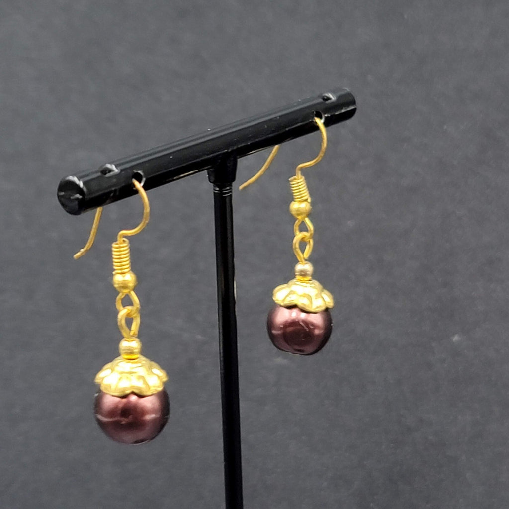 Pierced Earrings Gold tone Bronze Bead Capped Bead Dangle 3/4"