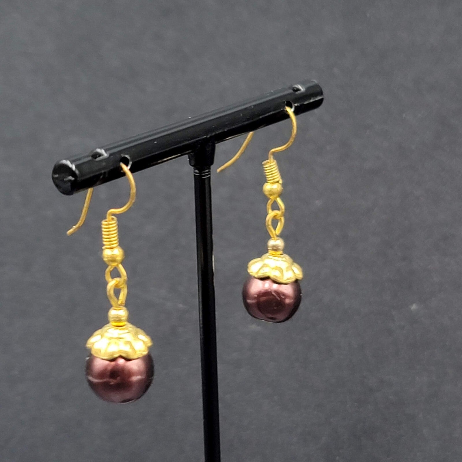 Pierced Earrings Gold tone Bronze Bead Capped Bead Dangle 3/4"