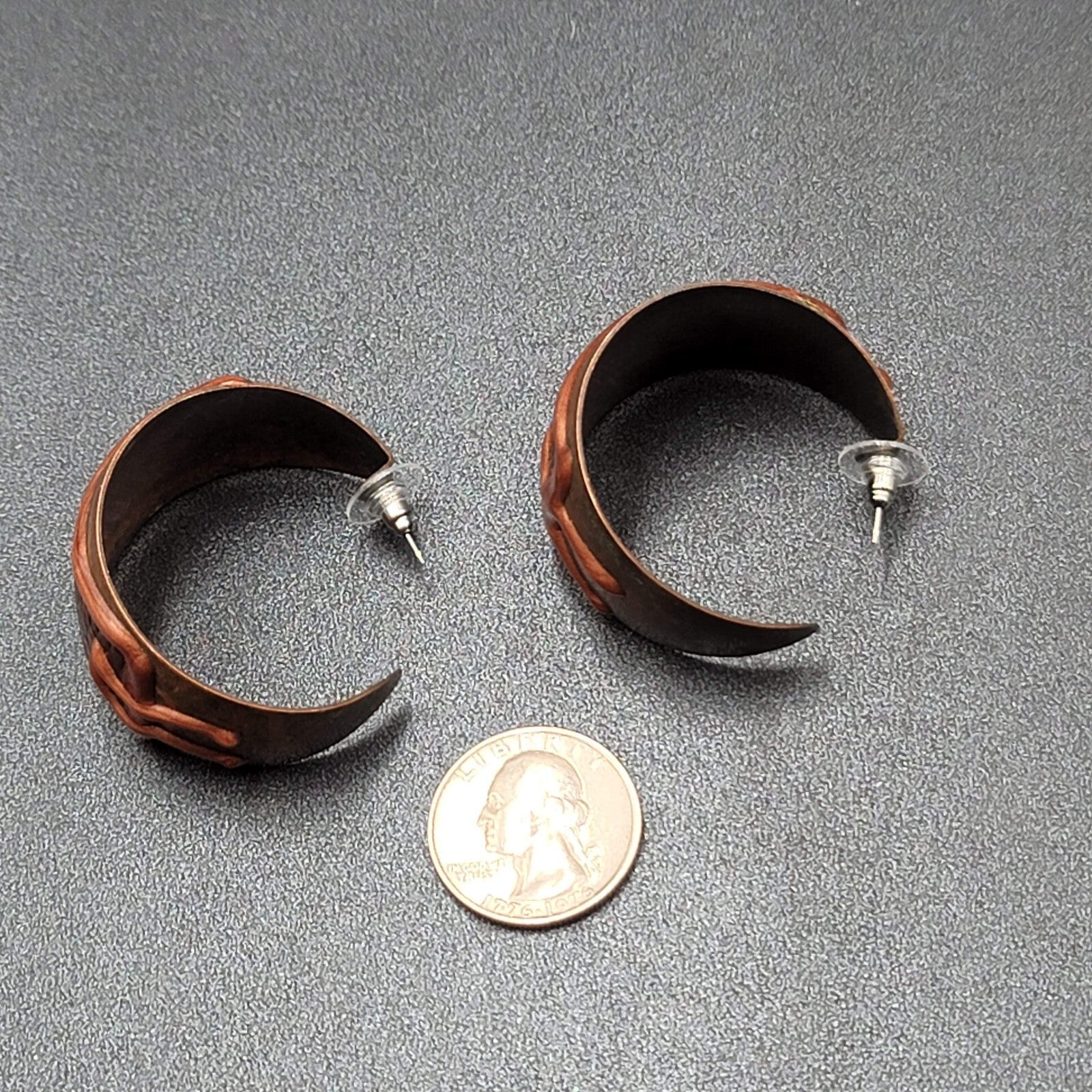 Vintage Pierced Earrings Large Wide Hoops Hand Painted Brown 1.5"