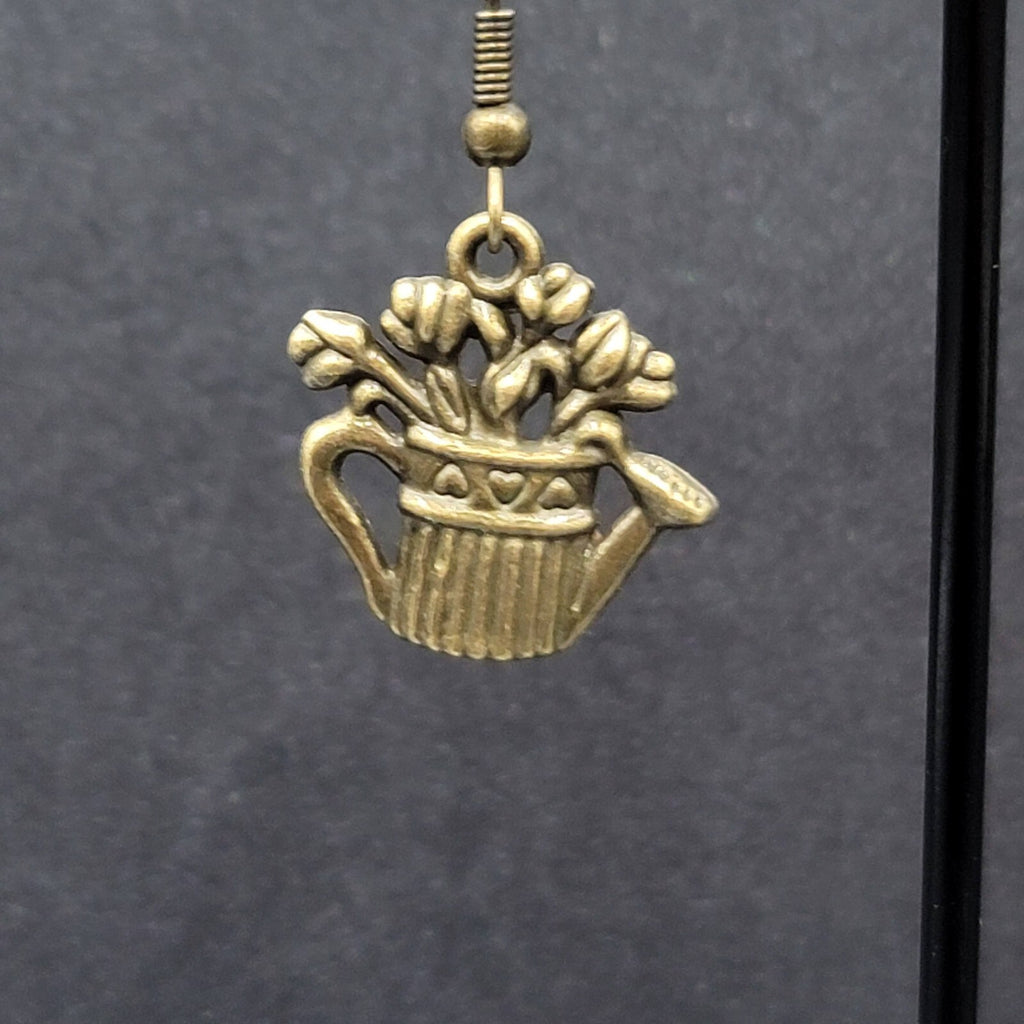 Garden Water Can Flowers Pierced Earrings Bronze tone Embossed Dangle 1" FS
