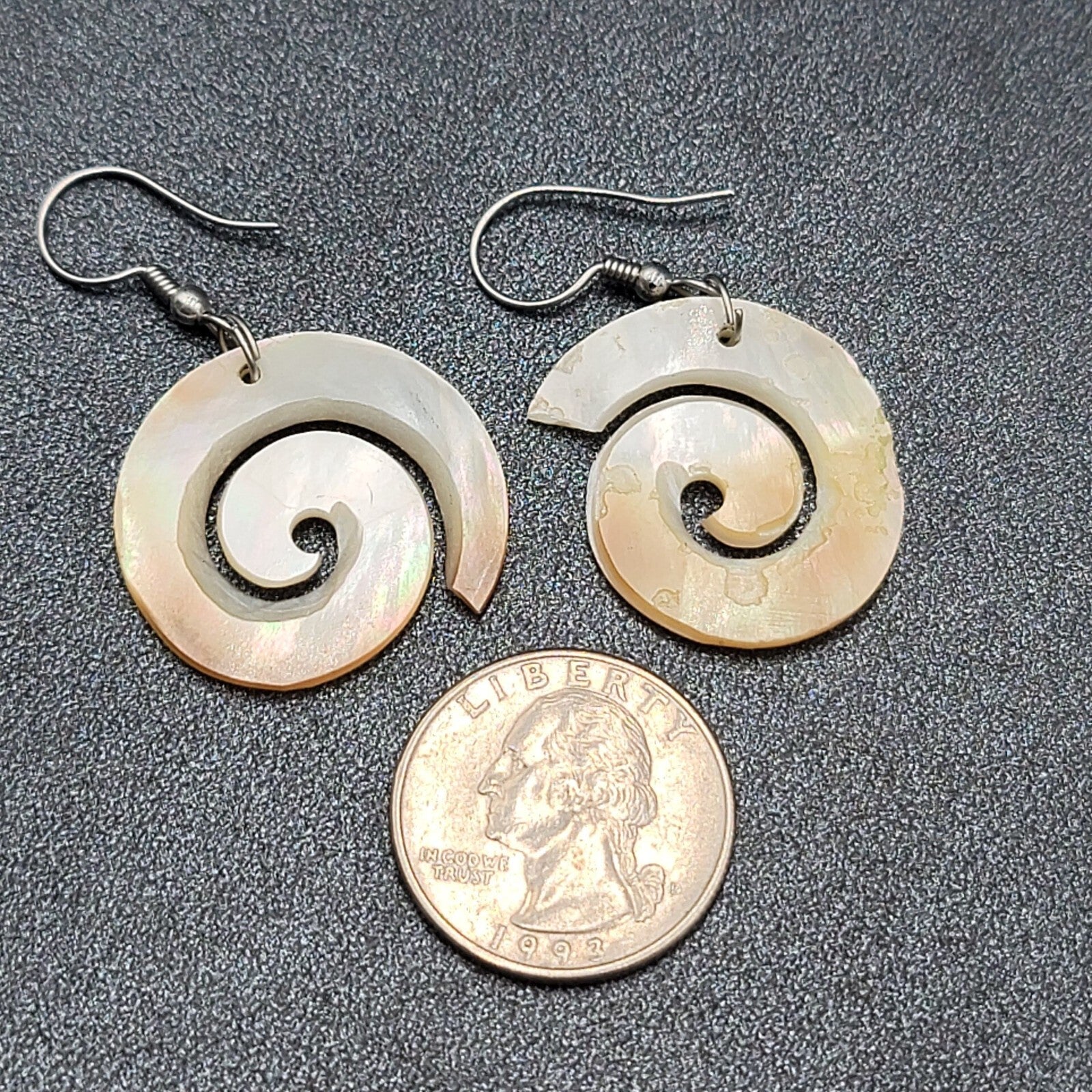 Pierced Earrings Silver tone Mother of Pearl Hand Carved Spirals  1.25"