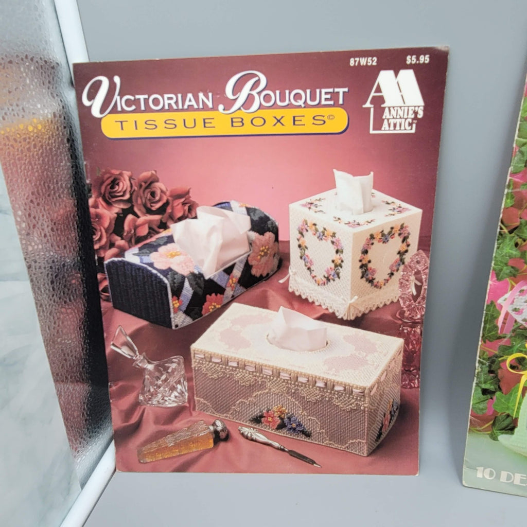 Vintage Plastic Canvas Pattern Book Lot Tissue Box Kitchen Basket Tote 80s Craft