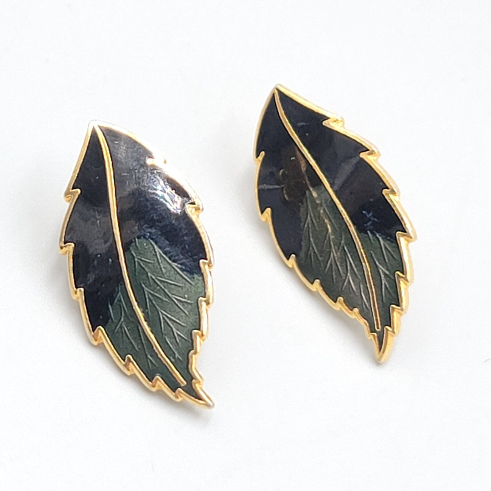 Vintage Guilloche Enamel Pierced Earrings Gold tone Green Black Drop 1 1/8"