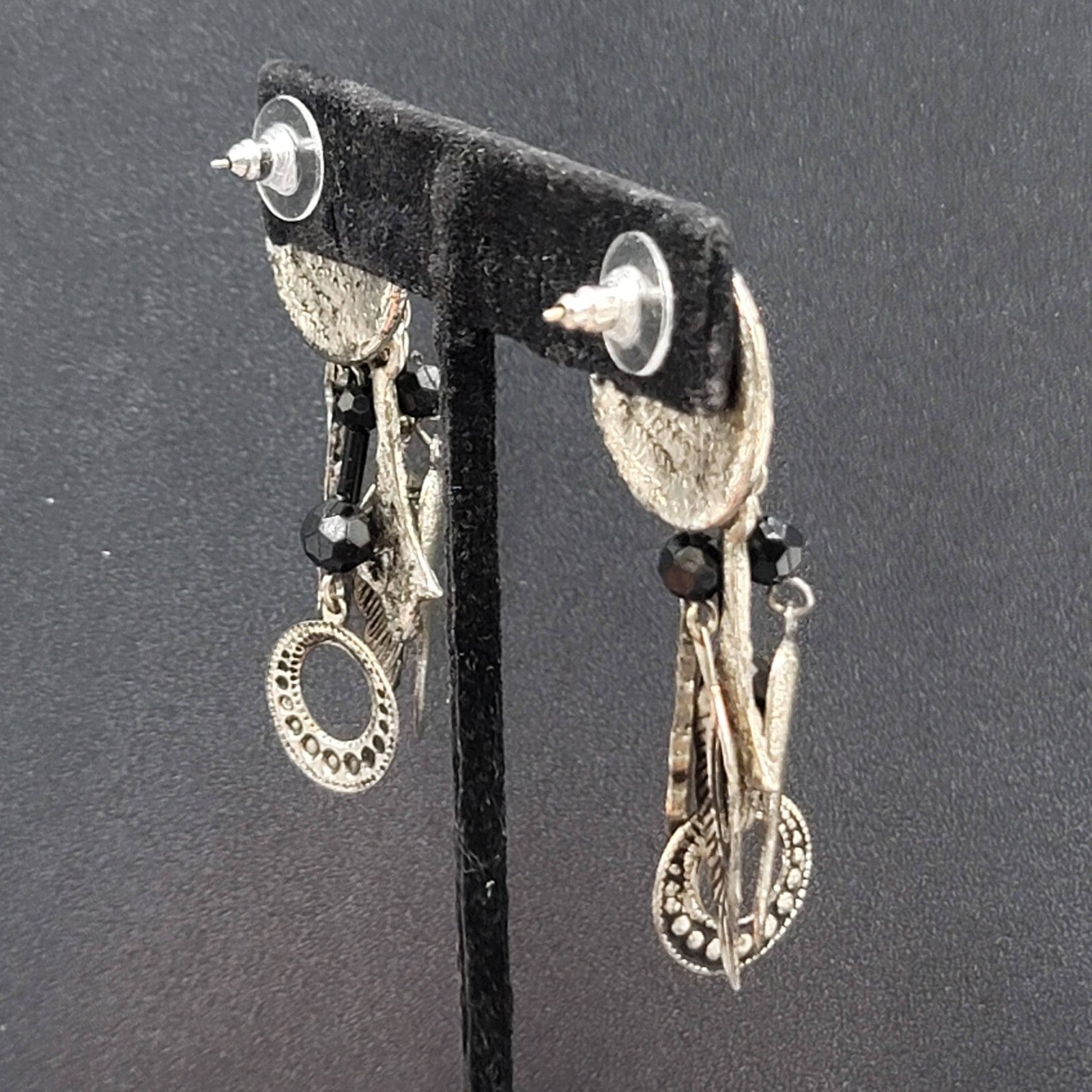 Boho Pierced Earrings Silver tone Black Beads Dangle Charms 2.25"