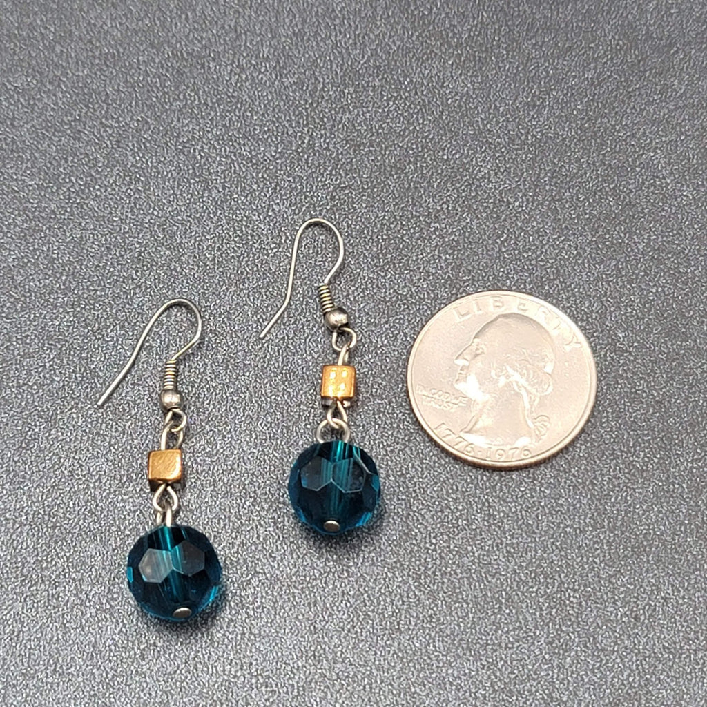 Pierced Earrings 1" Silver tone Blue Bead Copper Square Dangle 1"