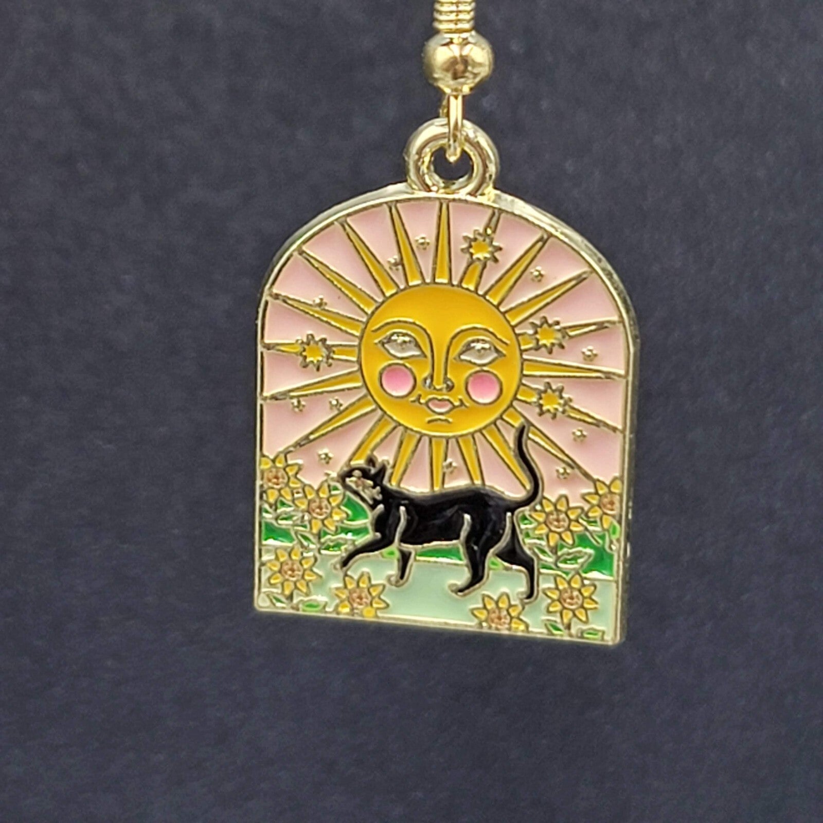 Pierced Earrings Gold tone Enamel Black Cat Happy Sun Flowers Dangle 1"