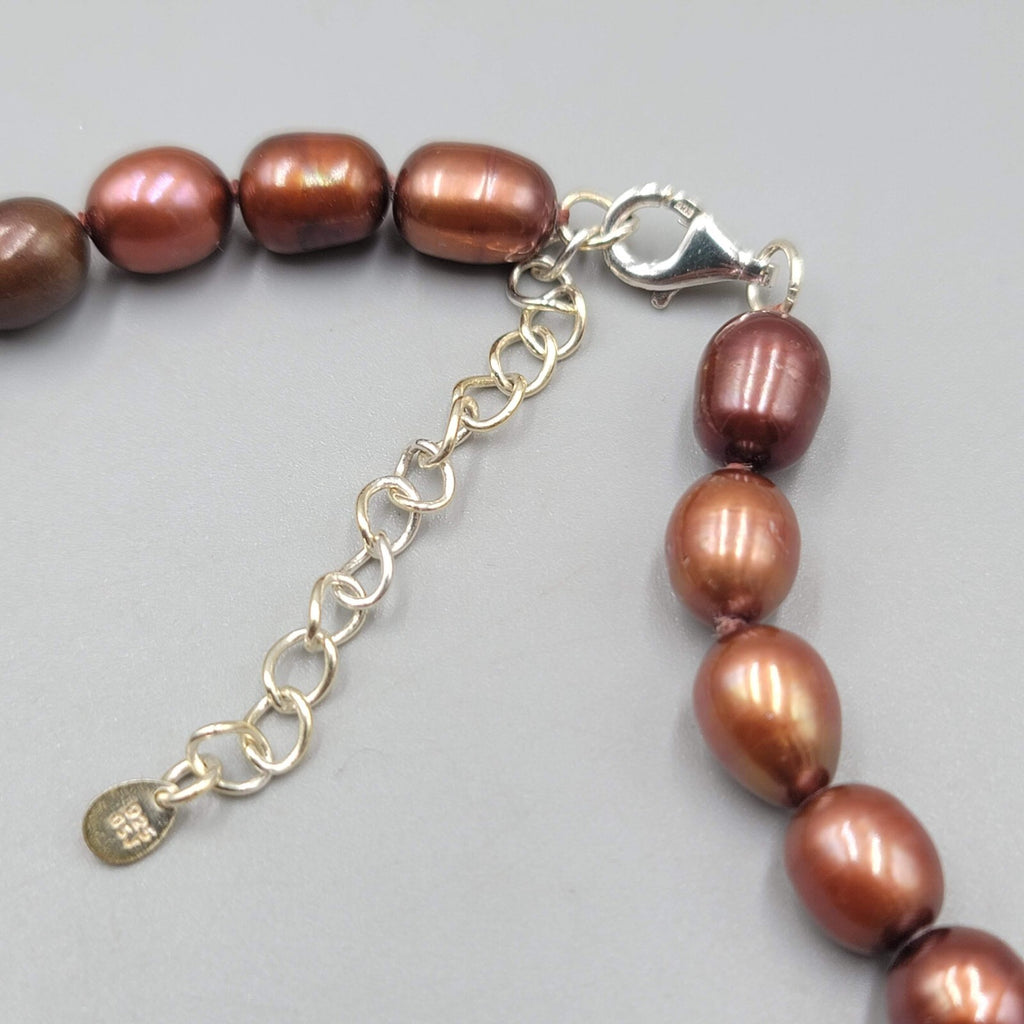 Real Pearl Bead Necklace and Bracelet Set Shades of Brown Sterling Silver 18"+