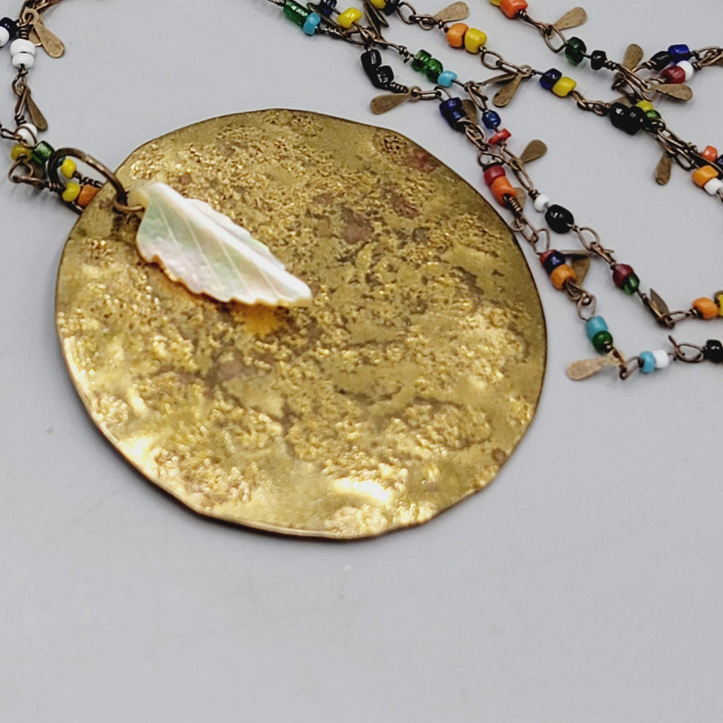 Artisan Multicolor Seed Beads Large Brass Pendant Necklace Long 42 in