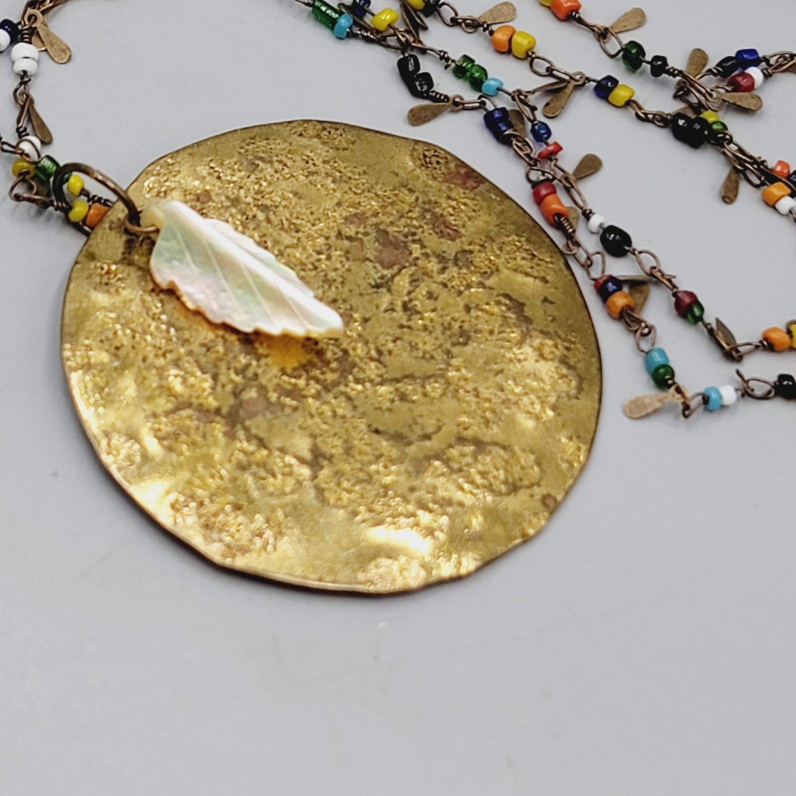 Artisan Multicolor Seed Beads Large Brass Pendant Necklace Long 42 in