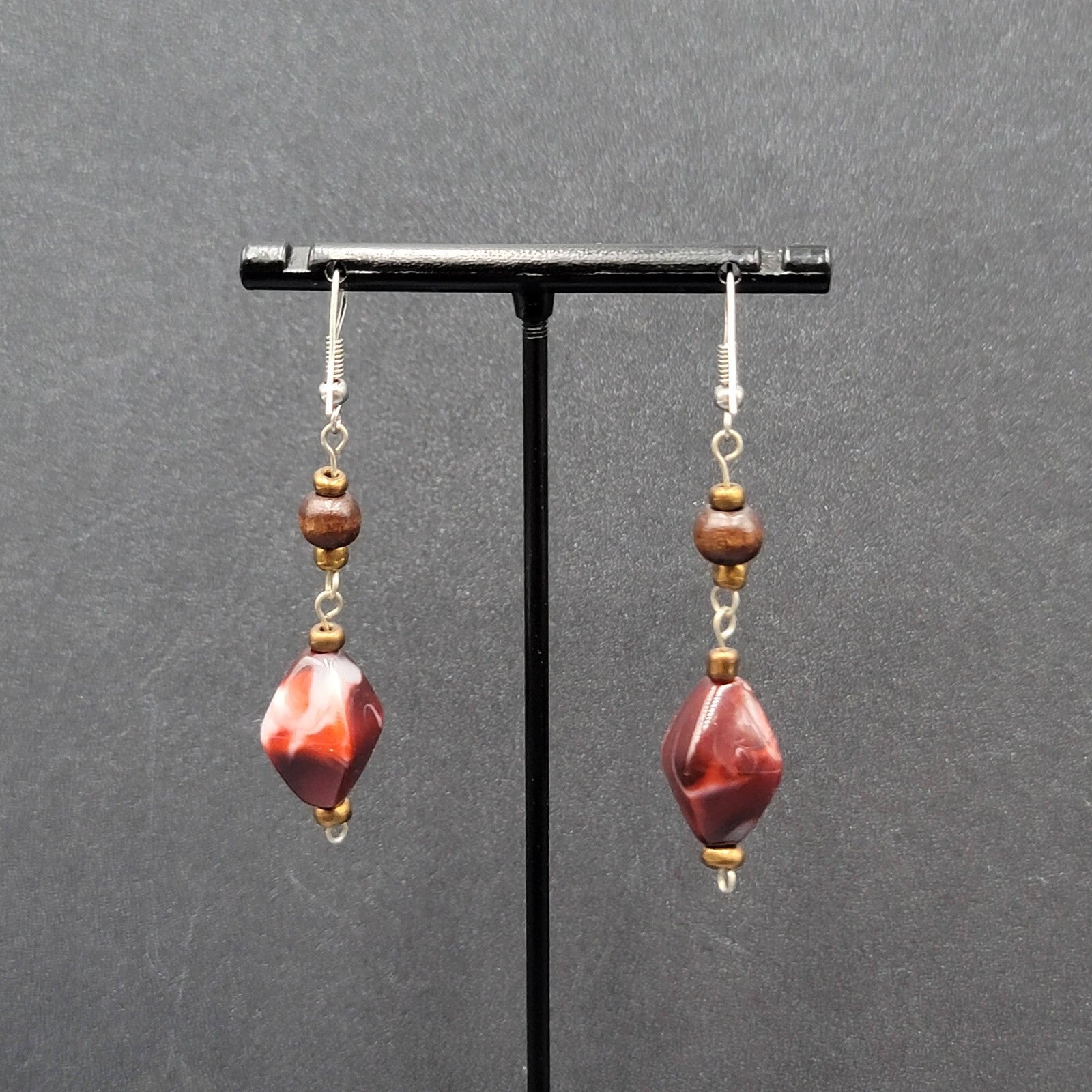 Pierced Earrings Wood Bead Red Swirl Acrylic Bead Dangle  1.75"