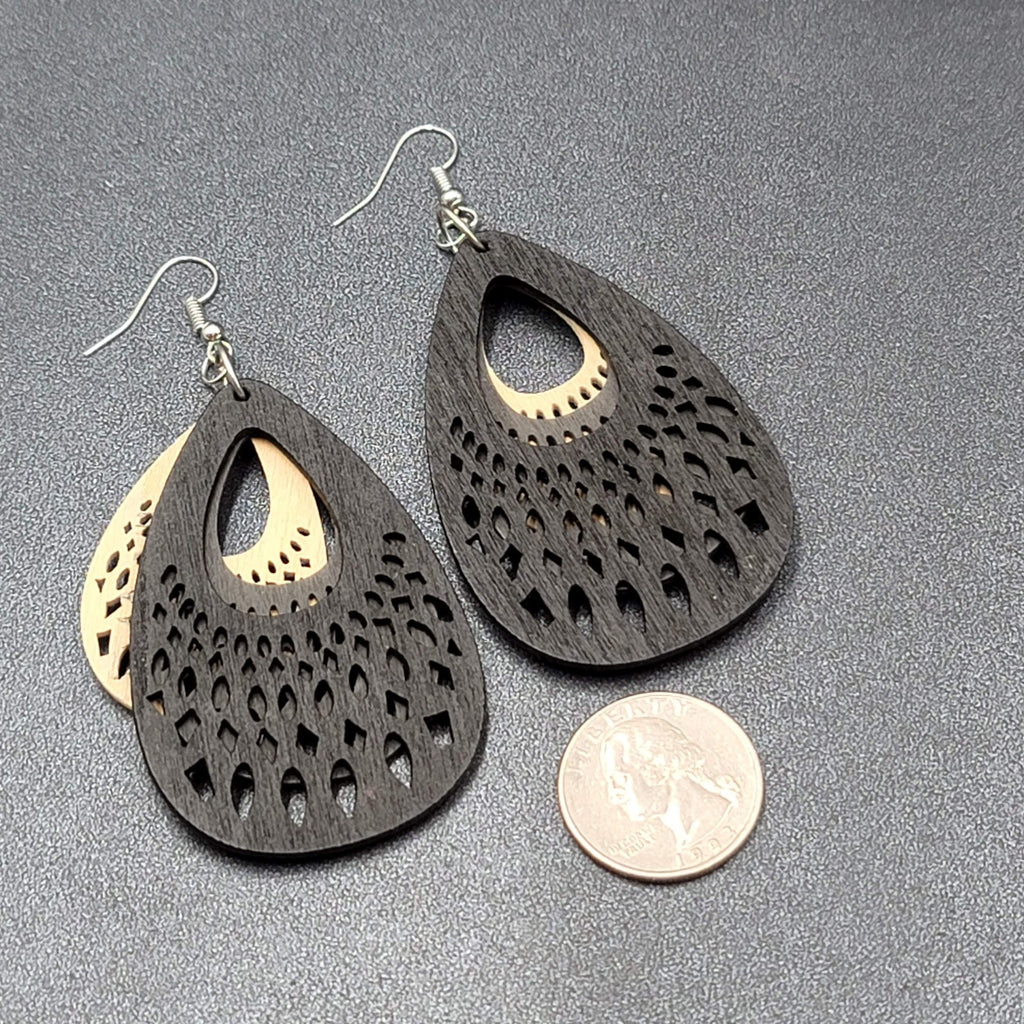 Pierced Earrings Triple Layer Wood Teardrop Dangle Tan Gray Black 2.75"