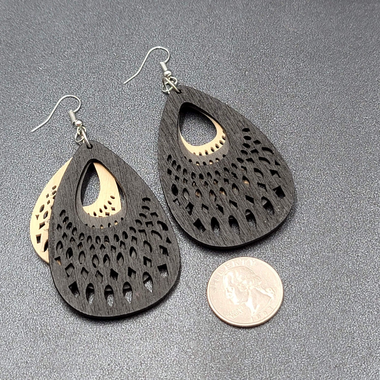 Pierced Earrings Triple Layer Wood Teardrop Dangle Tan Gray Black 2.75"