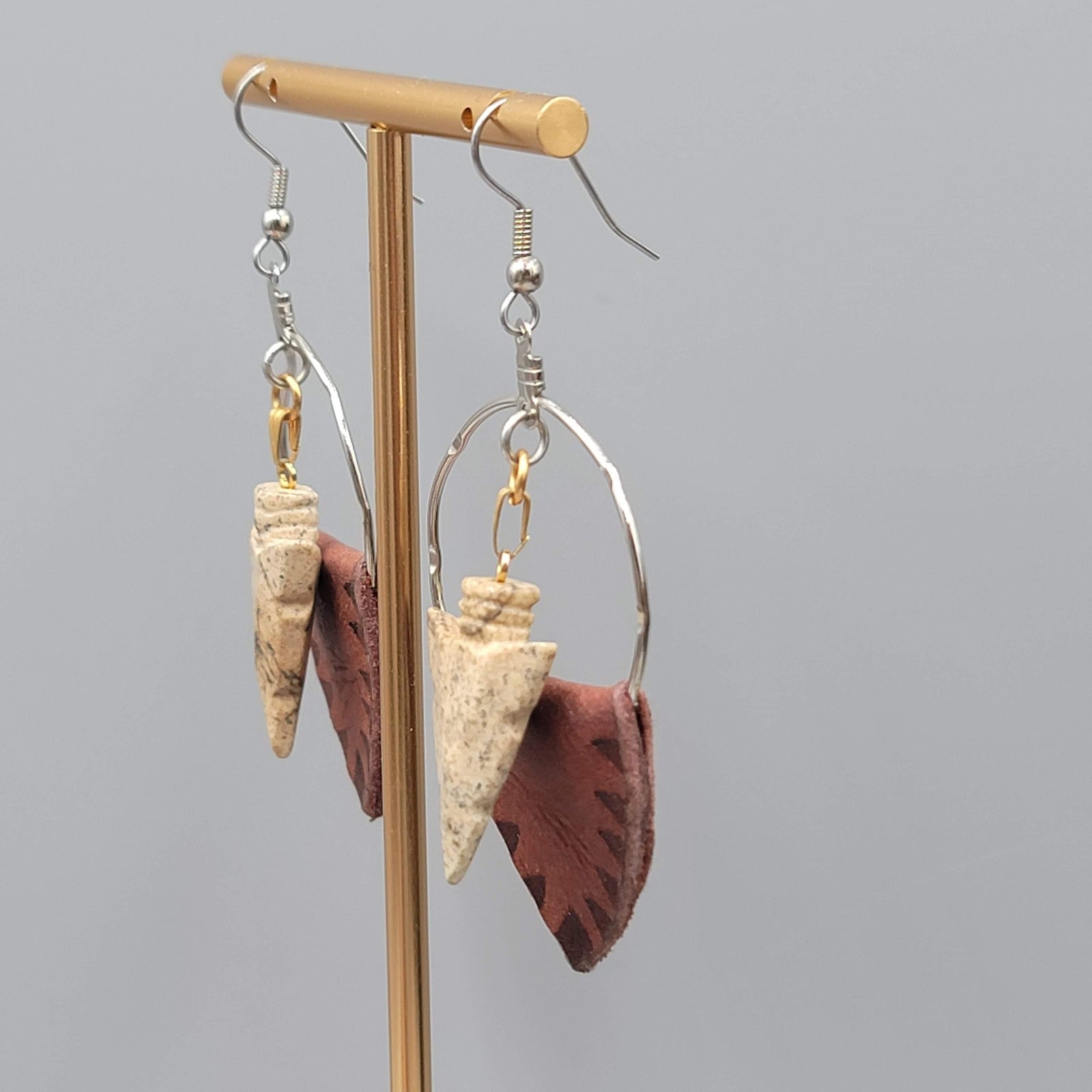 Arrowhead Pierced Earrings Boho Dangle Leather Stone Western Southwestern 2.25"