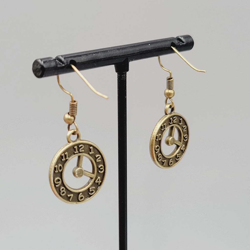 Clock Pierced Earrings Bronze tone Open Work Embossed Dangle New 7/8"