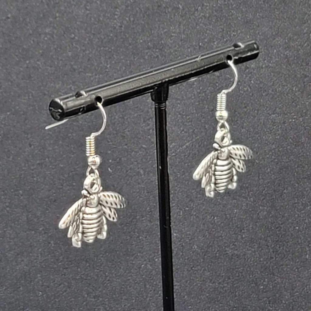 Bee Pierced Earrings Silver tone Dangle Embossed 5/8"
