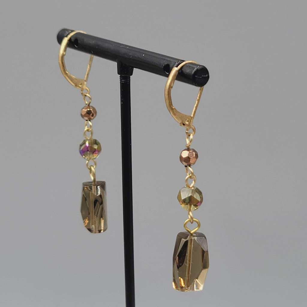 Glass AB Bead Pierced Earrings Gold tone Aurora Borealis Dangle 1.5"