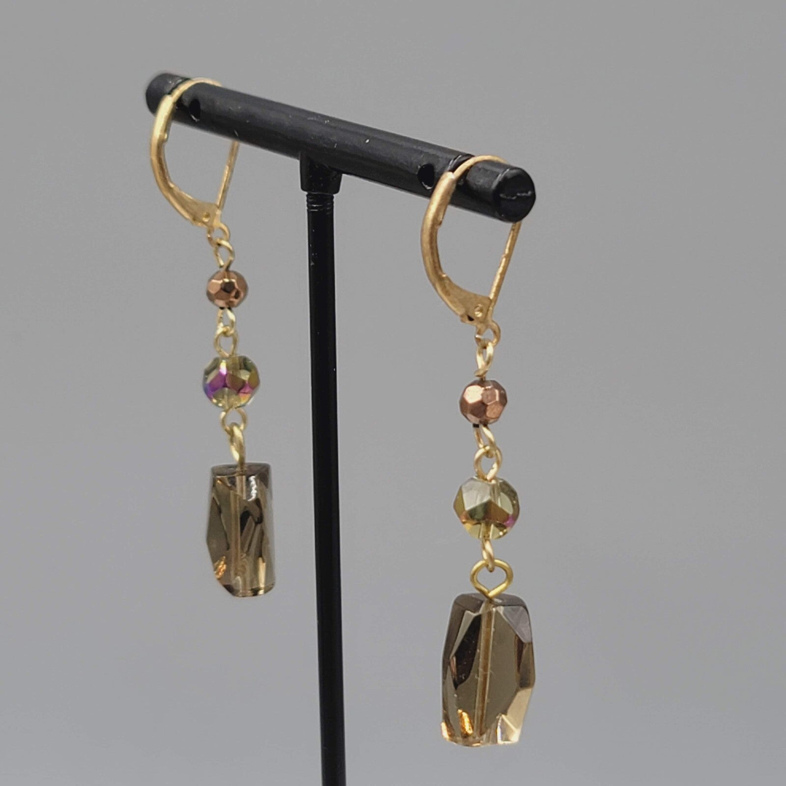 Glass AB Bead Pierced Earrings Gold tone Aurora Borealis Dangle 1.5"