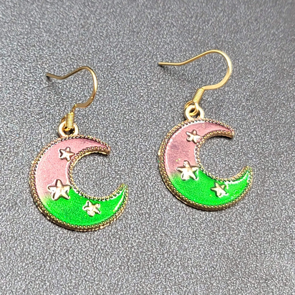 New Crescent Moon Pierced Earrings Gold tone Purple Green Enamel Dangle 7/8"