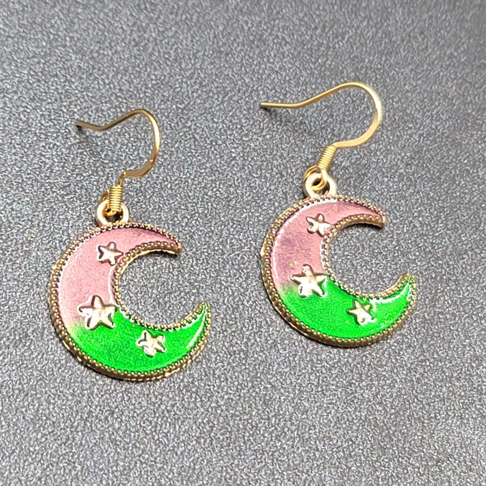 New Crescent Moon Pierced Earrings Gold tone Purple Green Enamel Dangle 7/8"
