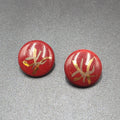 Vintage Pierced Earrings Red Hand Painted Round Pottery Drop  1"