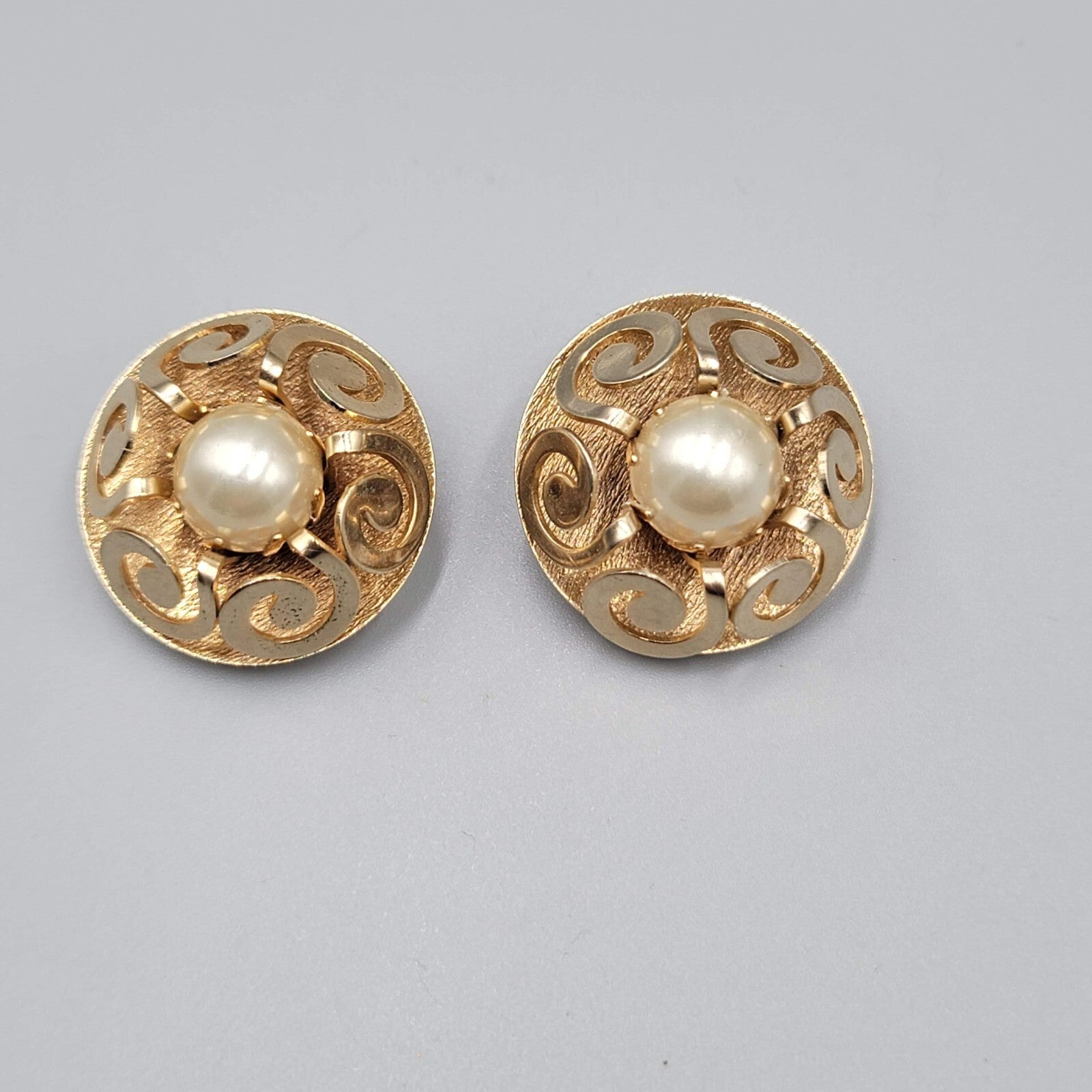 Vintage Clip on Earrings Gold tone White Cabochon Round Statement 1 1/8"