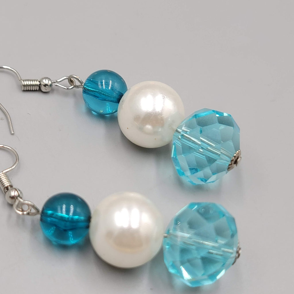 Blue Class Bead Pierced Earrings Imitation Pearl Silver tone Dangle  1.5"