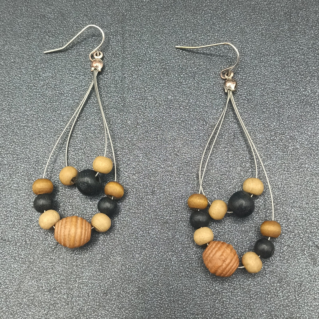 Pierced Earrings Silver tone Wood Beaded Wire Loop Dangle 2 3/8"