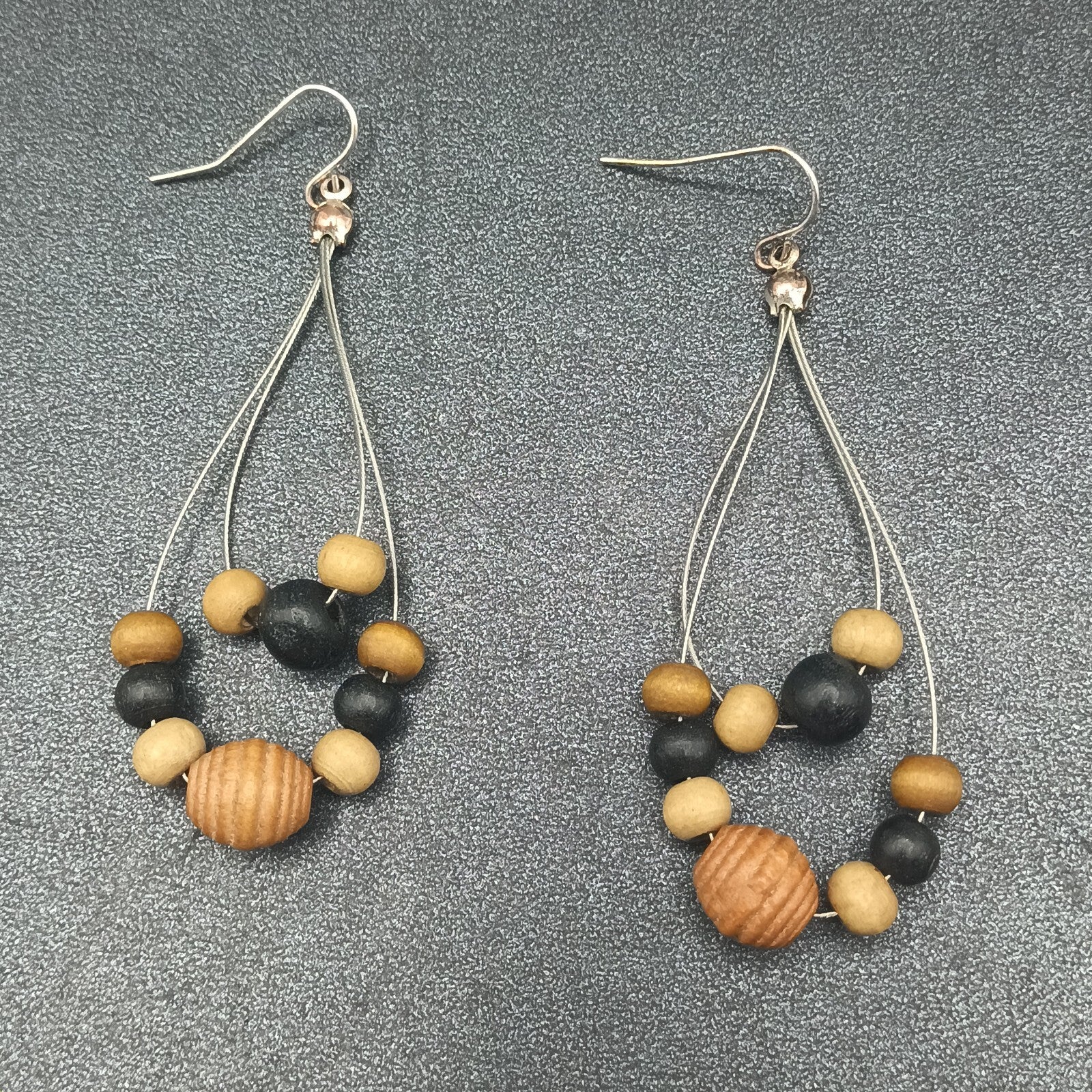 Pierced Earrings Silver tone Wood Beaded Wire Loop Dangle 2 3/8"