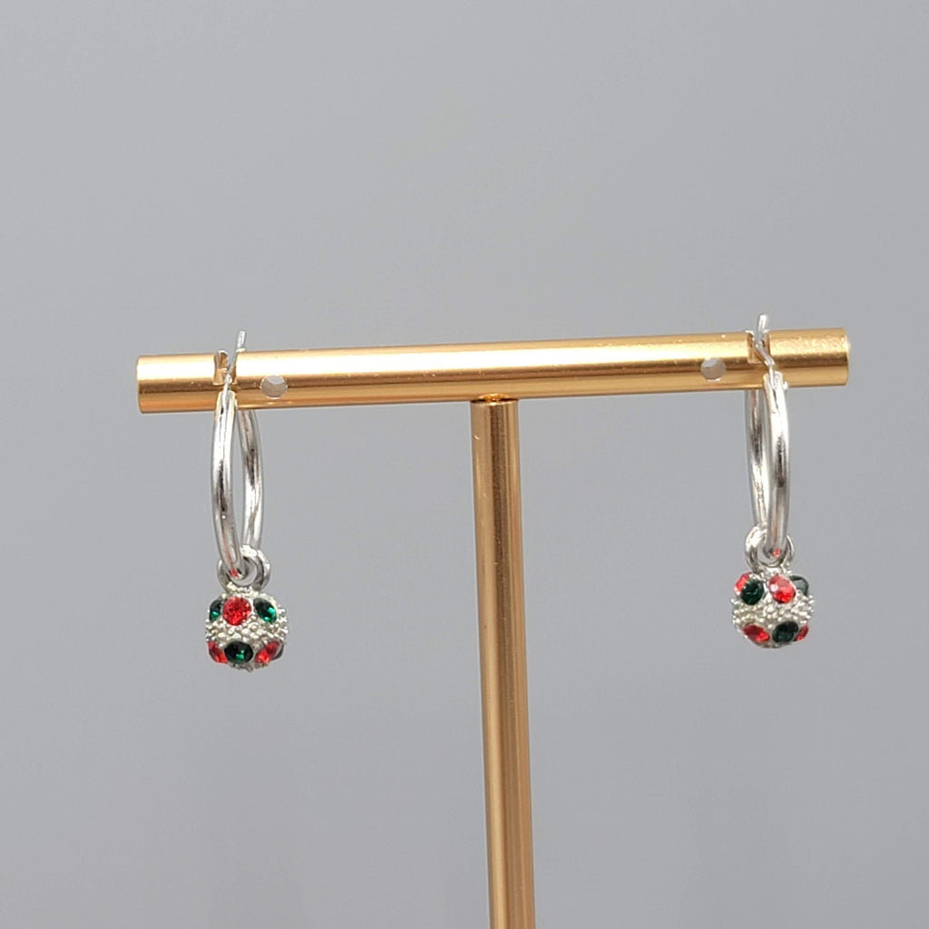 Christmas Red Green Crystal Pierced Earrings Silver tone Dangle Hoops 1 in