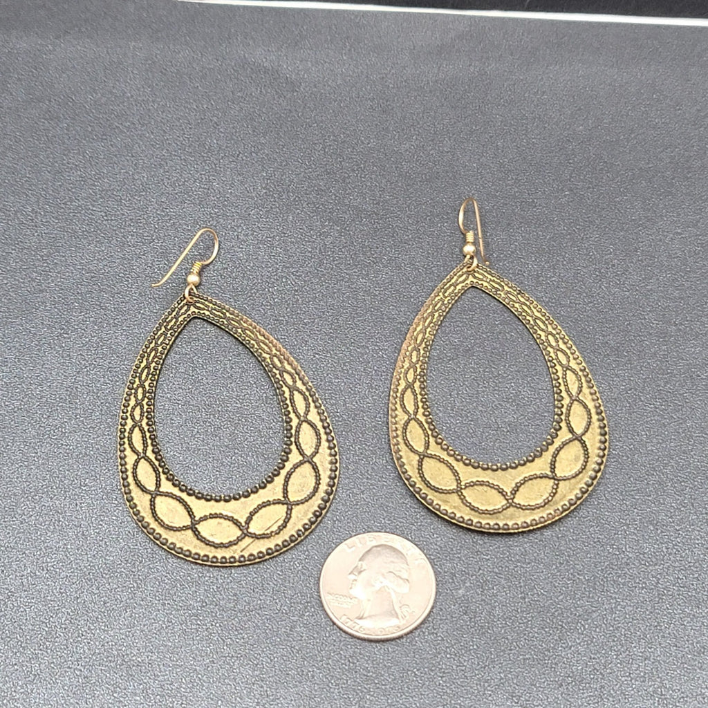 Pierced Earrings Bronze tone Blue Enamel Teardrop Hoops Large Dangle 2.75"