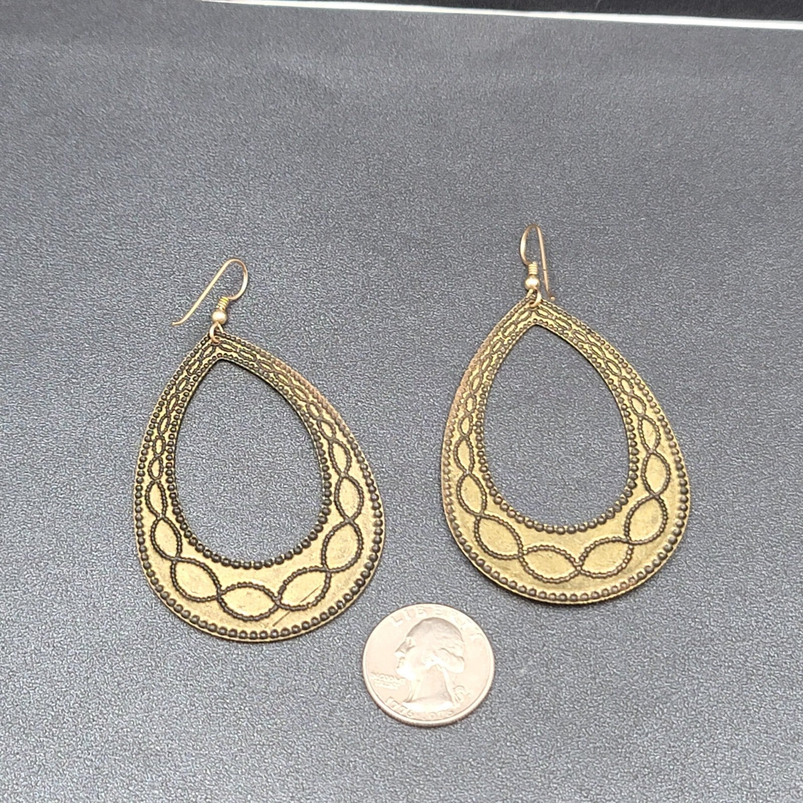 Pierced Earrings Bronze tone Blue Enamel Teardrop Hoops Large Dangle 2.75"