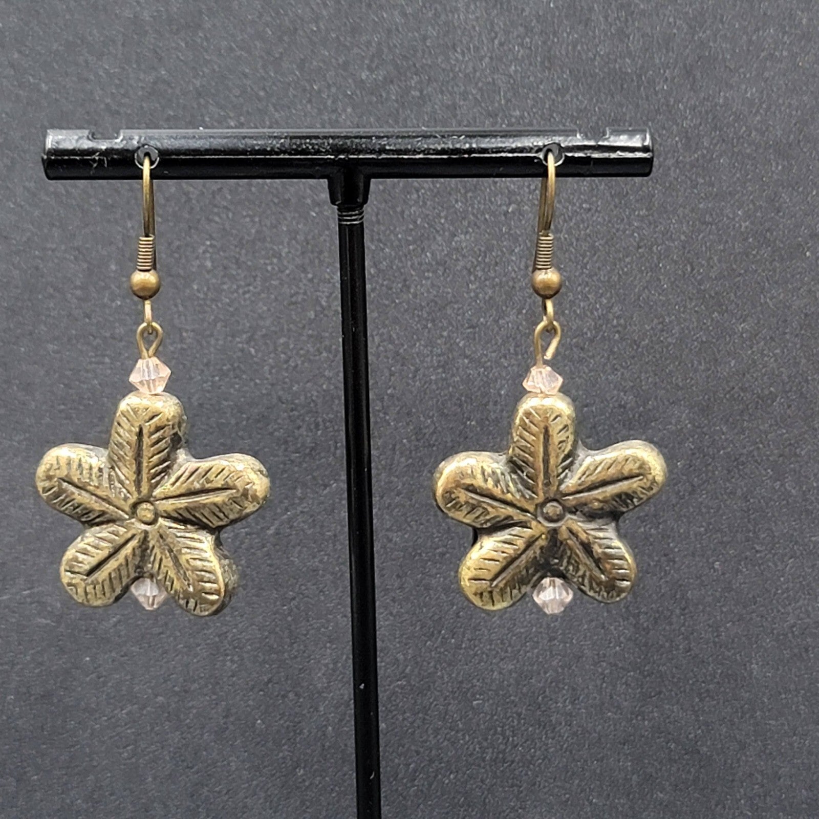 Flower Pierced Earrings Gold tone Pink Crystal Bead Dangle 1"