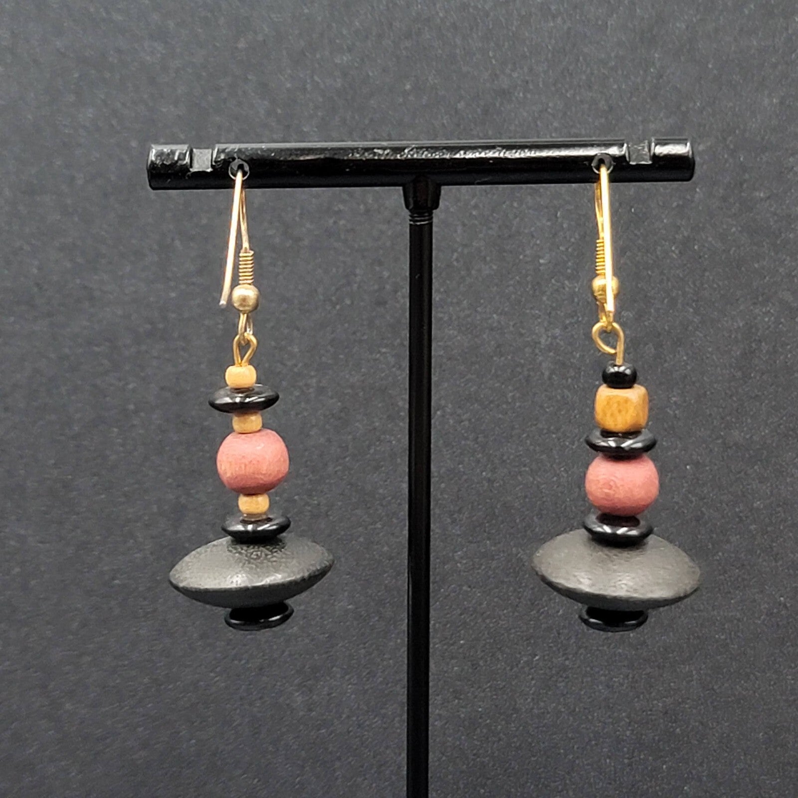 Vintage Boho Pierced Earrings Multicolor Wood Bead Dangle Gold tone 1.25"