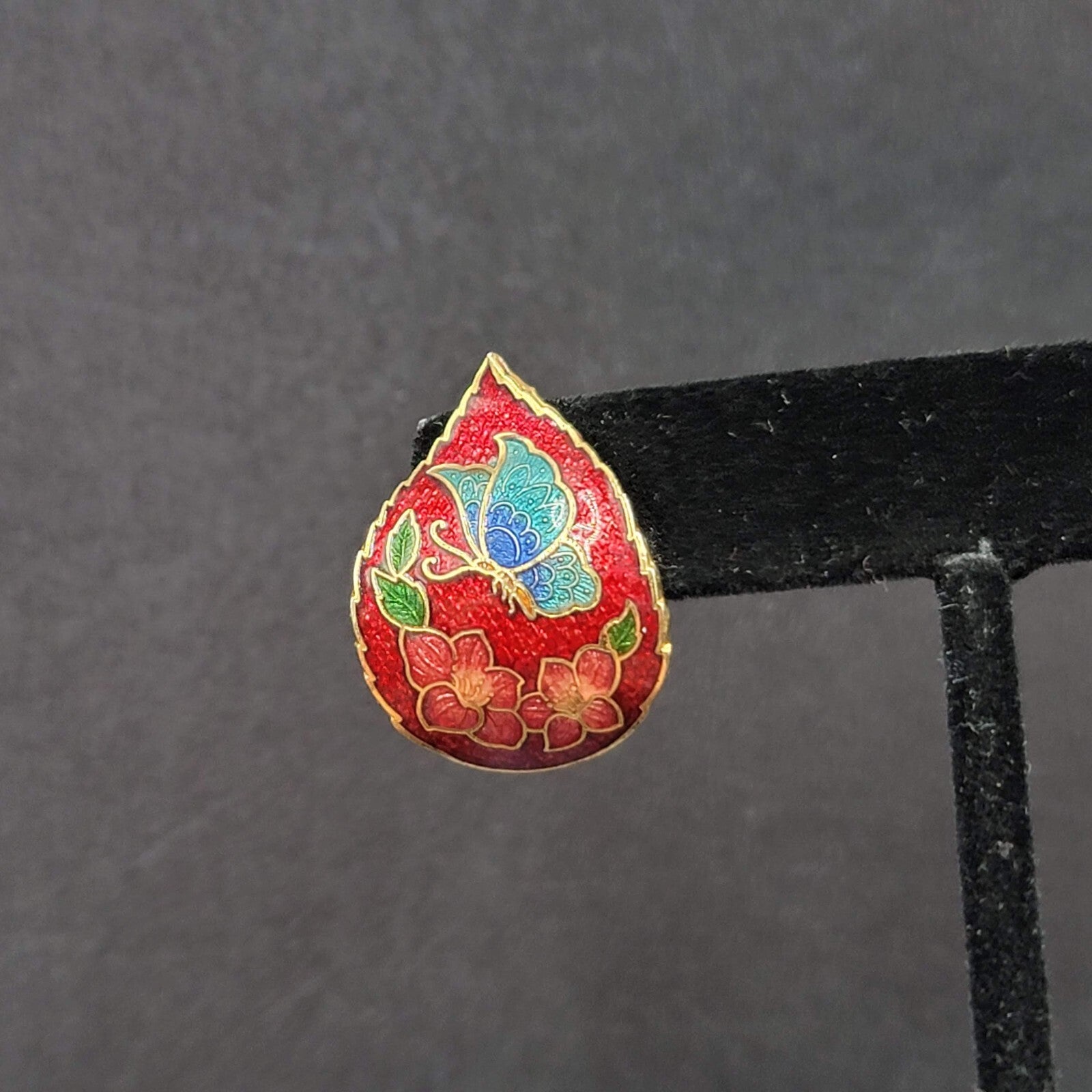 Vintage Clip on Earrings Cloisonne Enamel Flower Butterfly Red Drop 1"