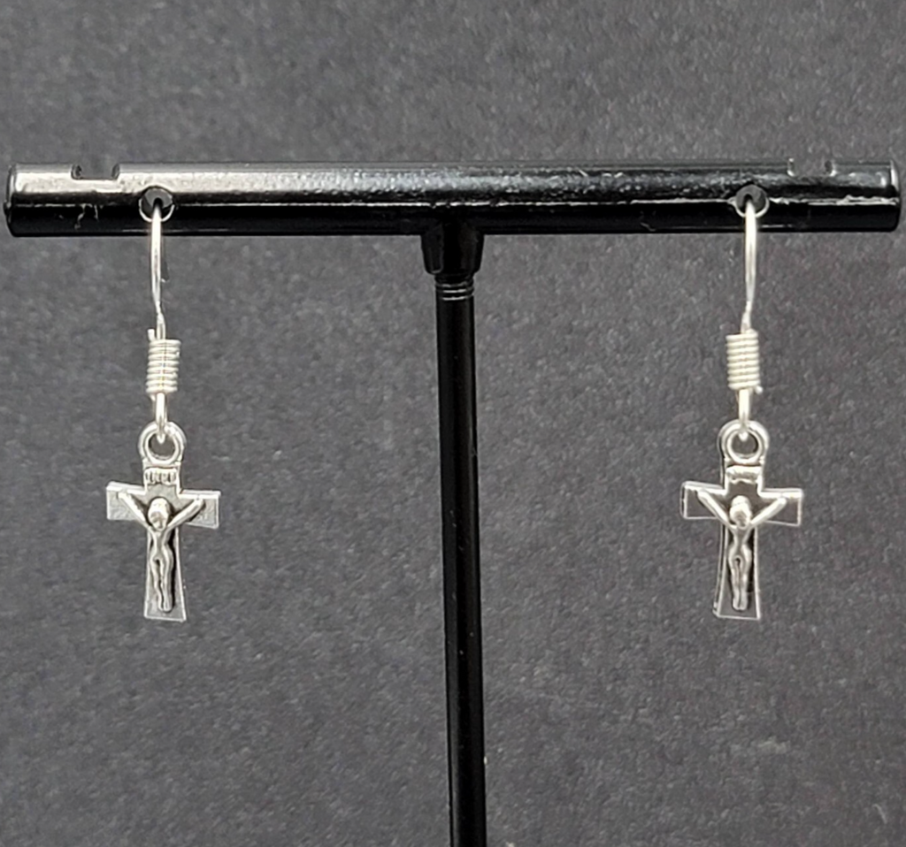 Pierced Earrings Tiny Dainty Crucifix Cross Dangle 5/8"
